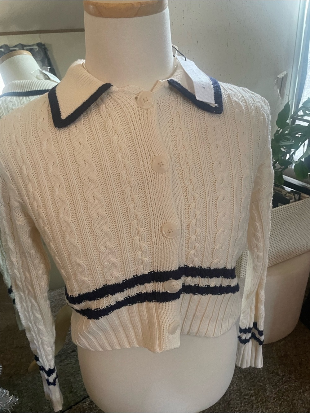 Pink Rose Cream Cable Knit Collared Cardigan with Navy Trim